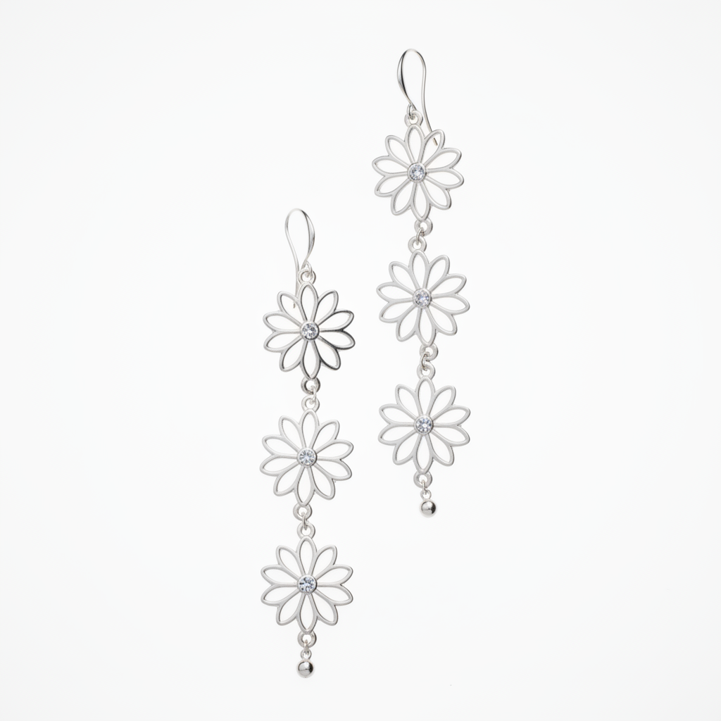 Suzie Blue Canada - Triple Flower Drop Earrings In Silver Plate