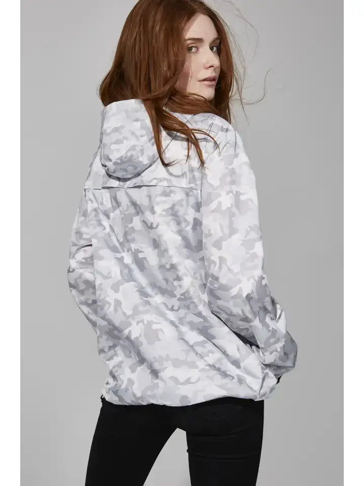 O8 Lifestyle - Women Boyfriend fit-White Camo Full Zip Packable Rain Jacket: L