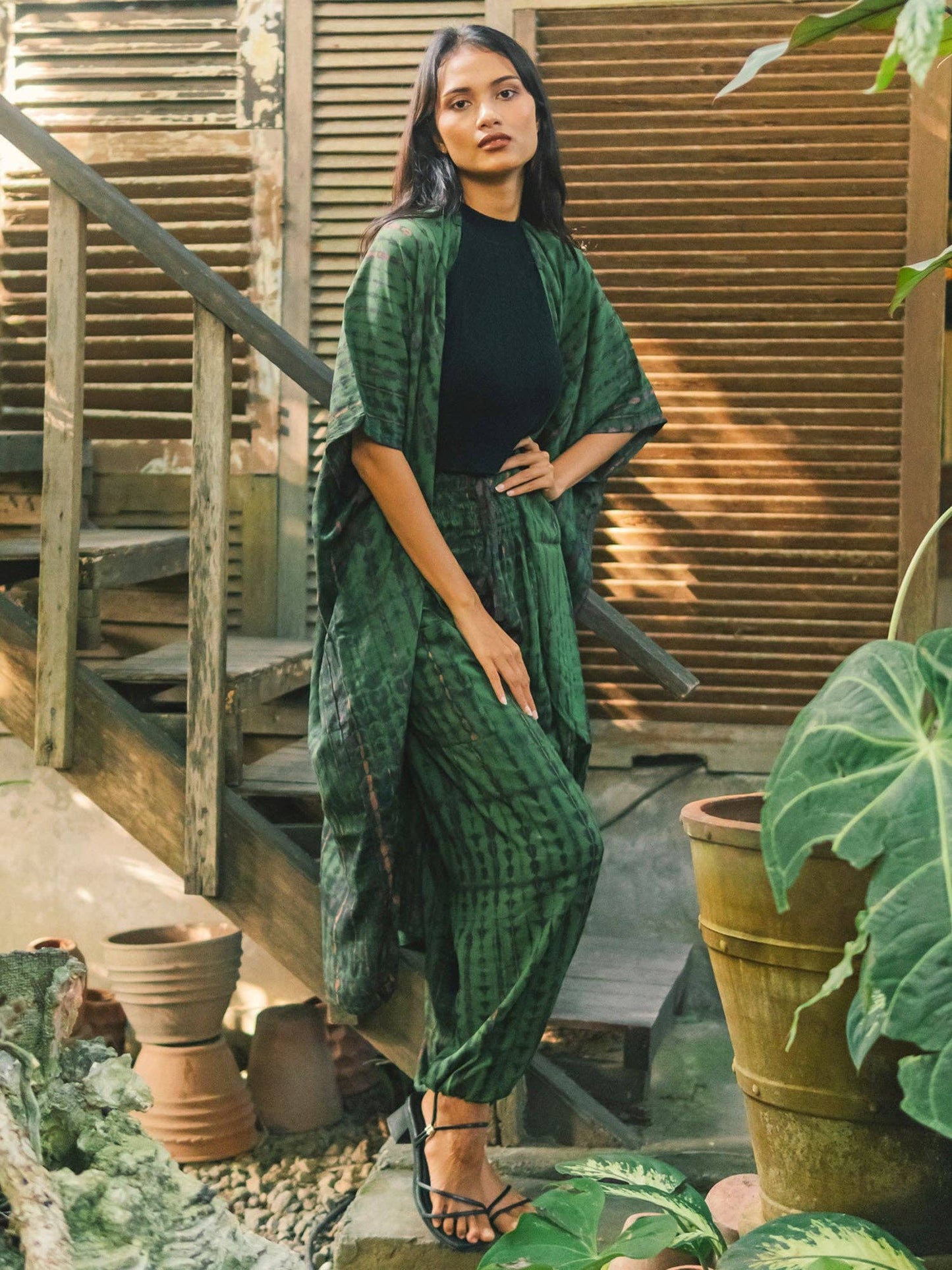 Suzie Blue Canada - Tie Dye Long Kimono -Green & Gold