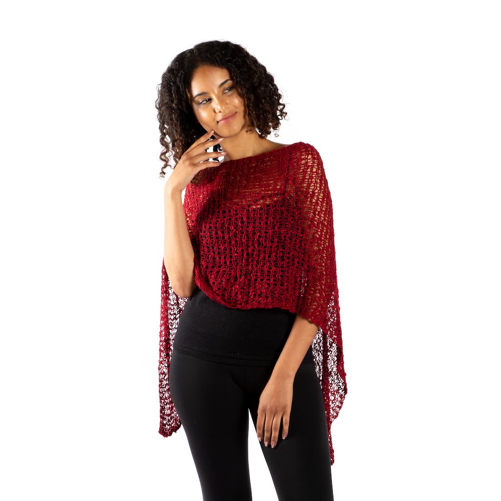 Suzie Blue Canada - Short Popcorn Knit Poncho - Red
