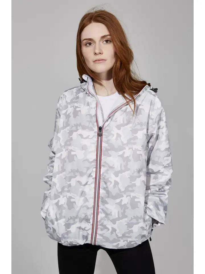 O8 Lifestyle - Women Boyfriend fit-White Camo Full Zip Packable Rain Jacket: L