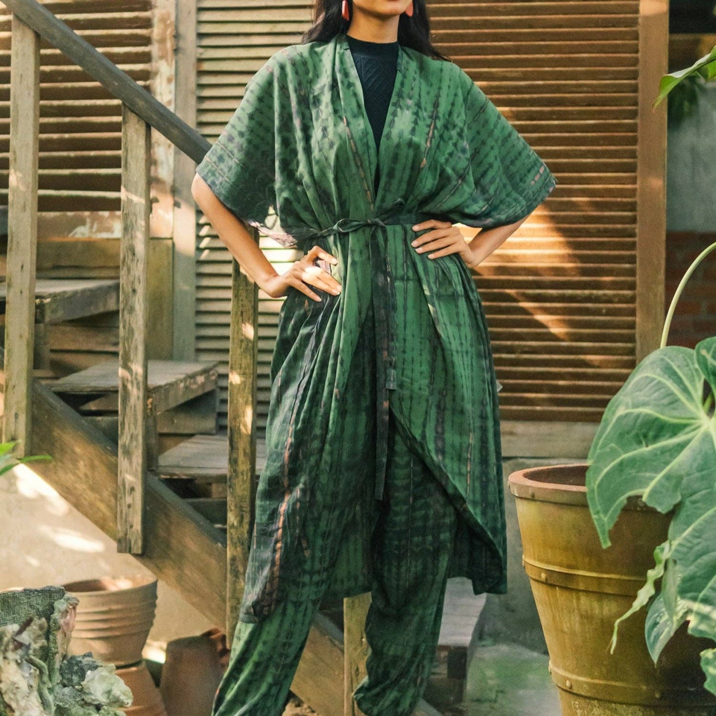 Suzie Blue Canada - Tie Dye Long Kimono -Green & Gold