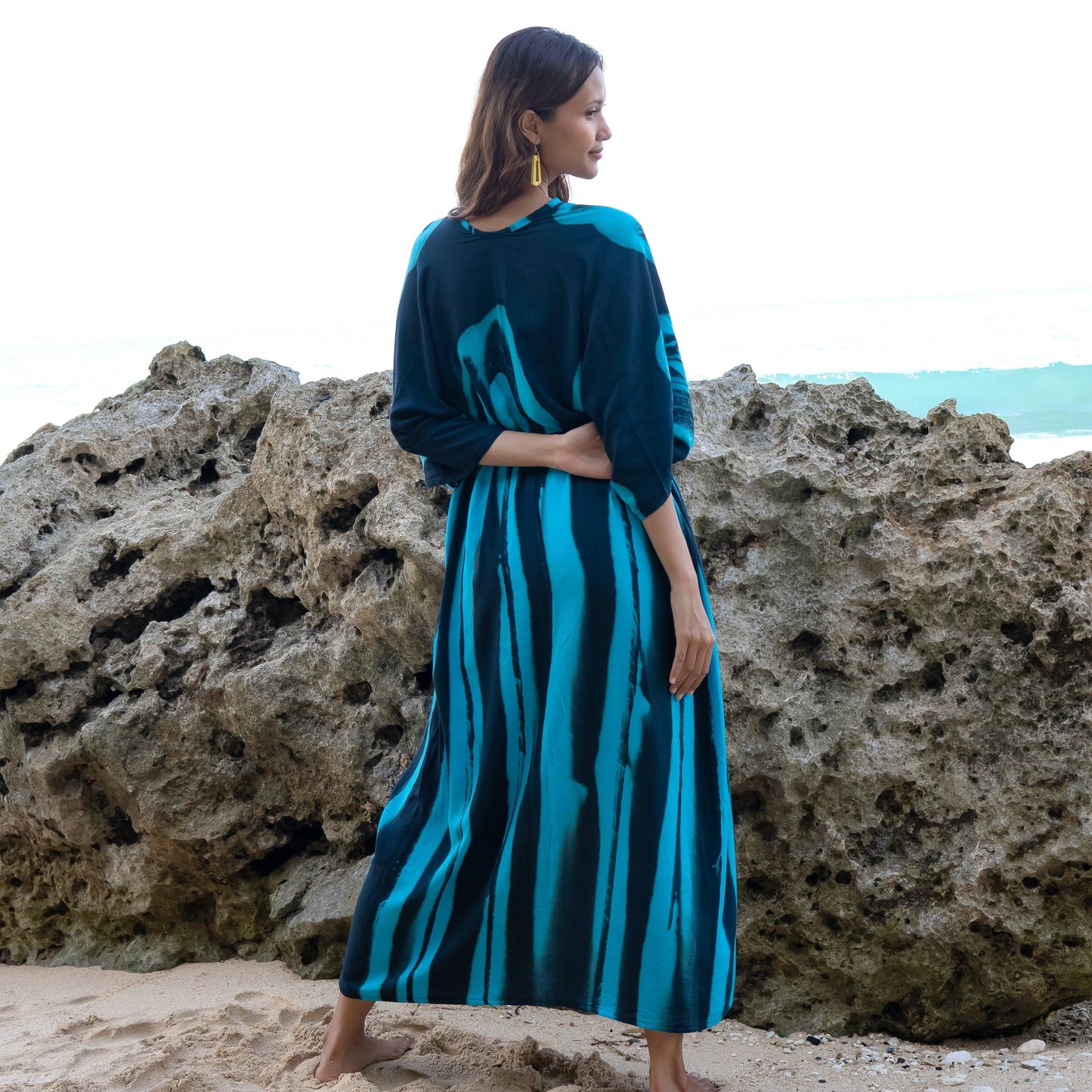 Suzie Blue Canada - Bold Abstract Tie Dye Long Kimono In Teal & Black
