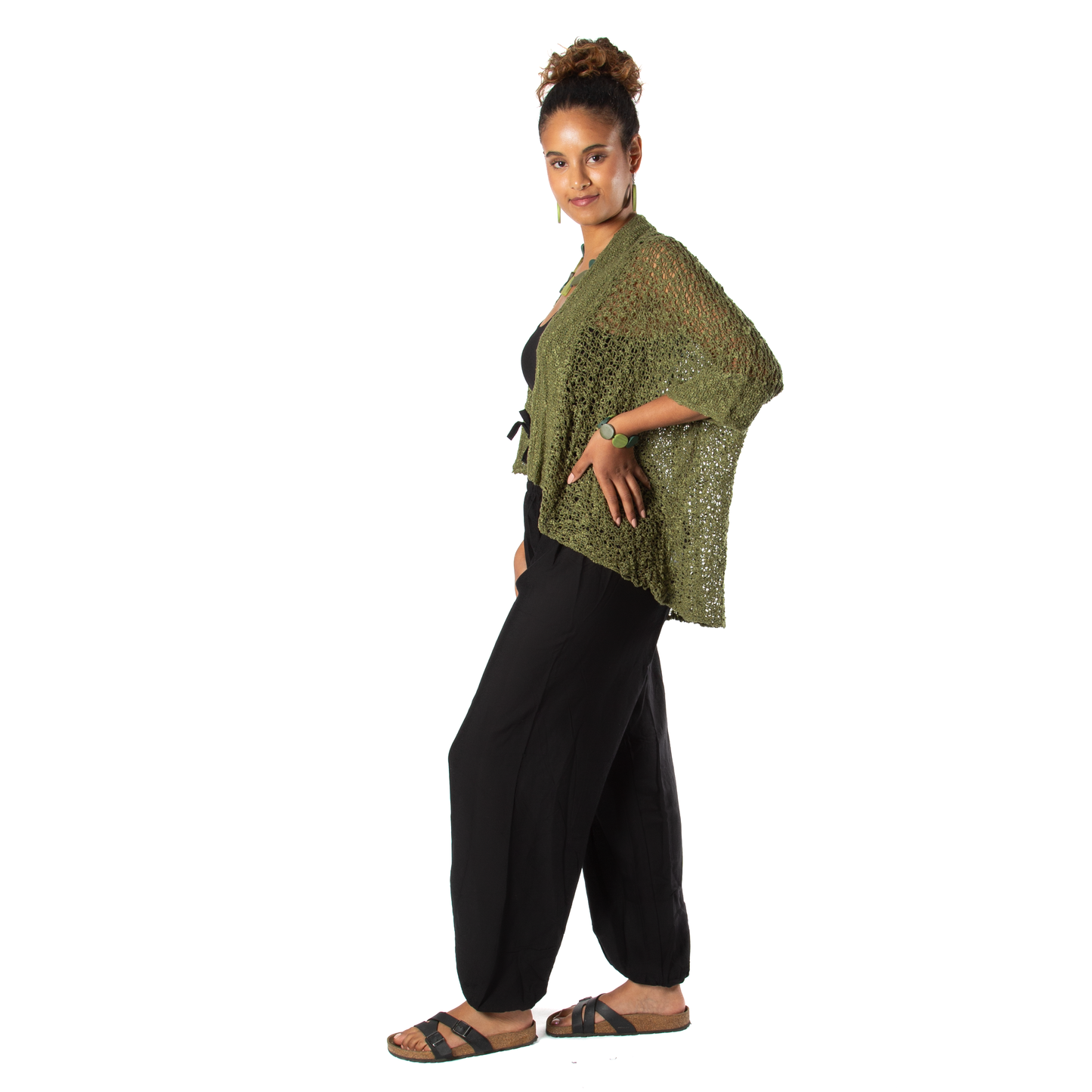 Suzie Blue Canada - Popcorn Knit Short Sleeve Cardigan -  Sage Green
