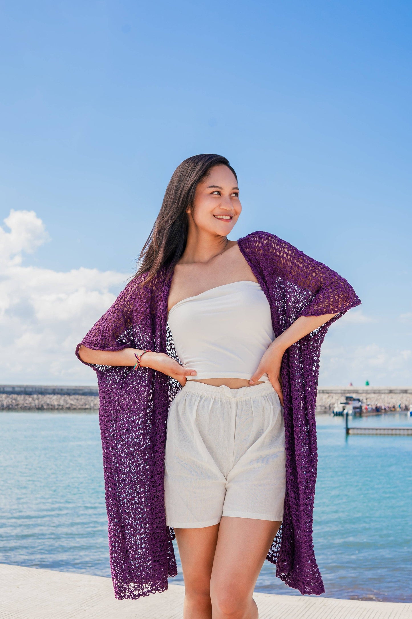 Suzie Blue Canada - Mid Length Popcorn Knit Kimono - Purple
