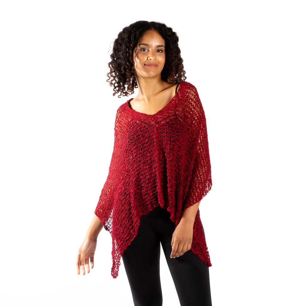 Suzie Blue Canada - Short Popcorn Knit Poncho - Red