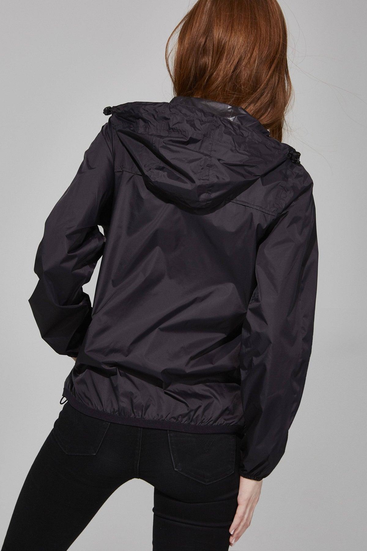 O8 Lifestyle - Women Boyfriend fit - Black Full Zip Packable Rain Jacket: Black / M