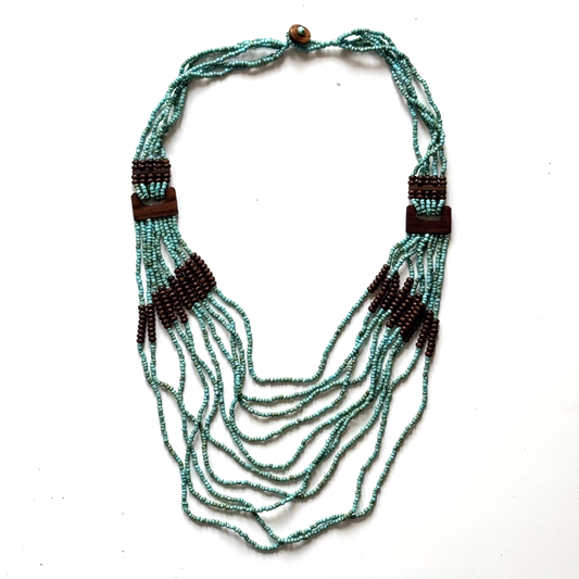 Suzie Blue Canada - Beaded Necklace with Wood Detail: Turquoise