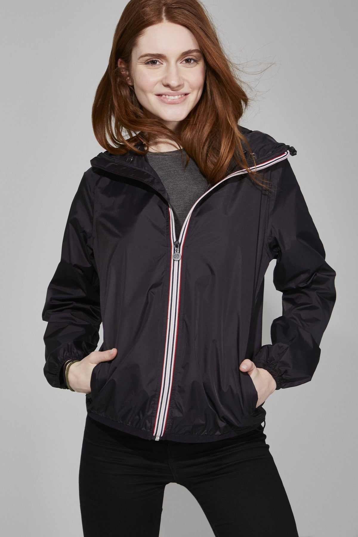 O8 Lifestyle - Women Boyfriend fit - Black Full Zip Packable Rain Jacket: Black / M