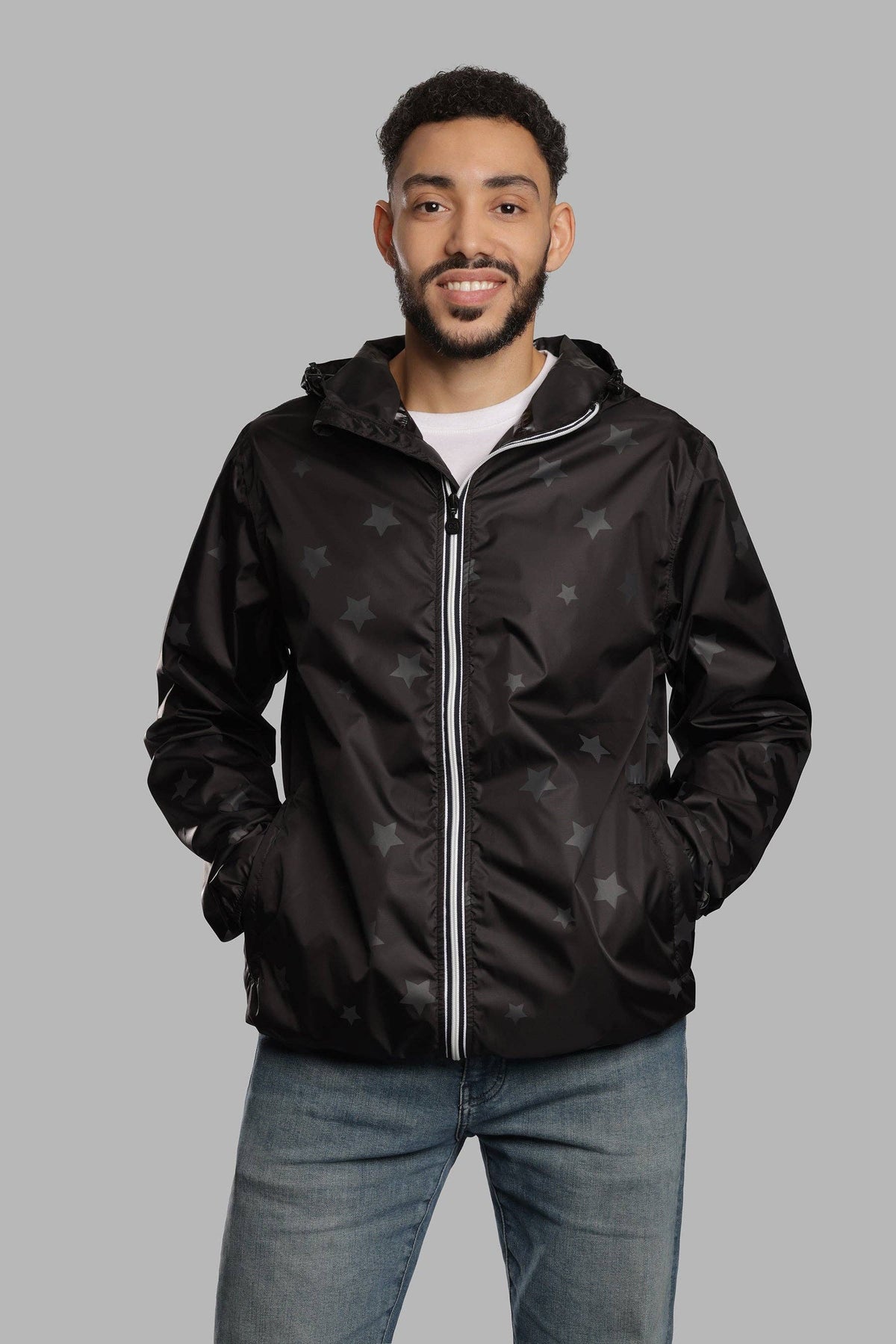 O8 Lifestyle - Men gloss stars black full zip packable rain jacket: Black / XL