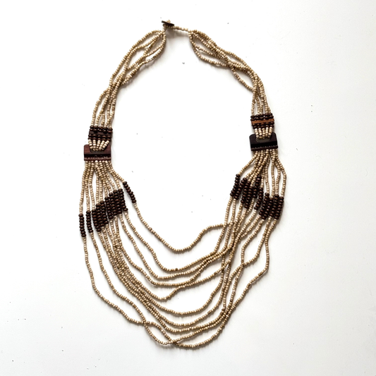 Suzie Blue Canada - Beaded Necklace with Wood Detail: Cream