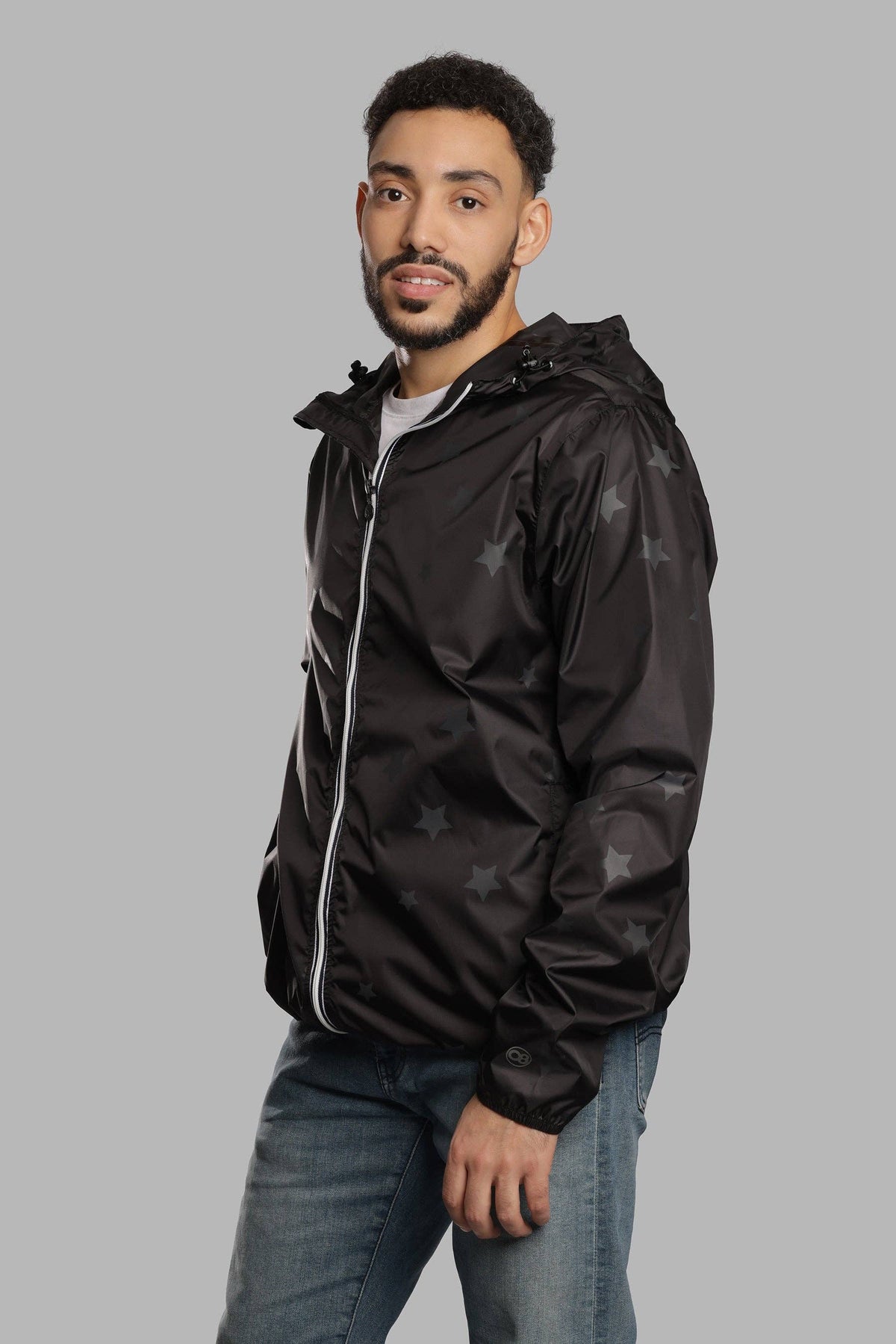 O8 Lifestyle - Men gloss stars black full zip packable rain jacket: Black / M