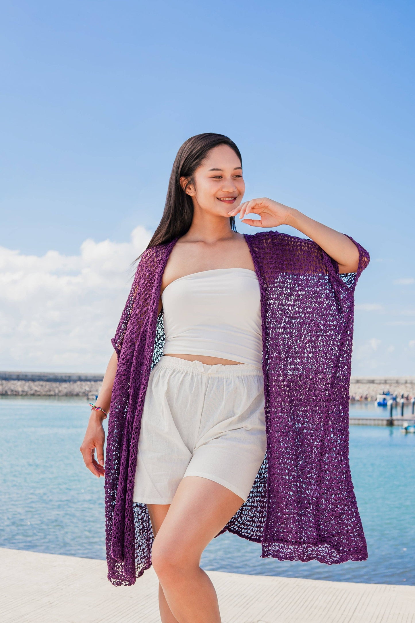 Suzie Blue Canada - Mid Length Popcorn Knit Kimono - Purple