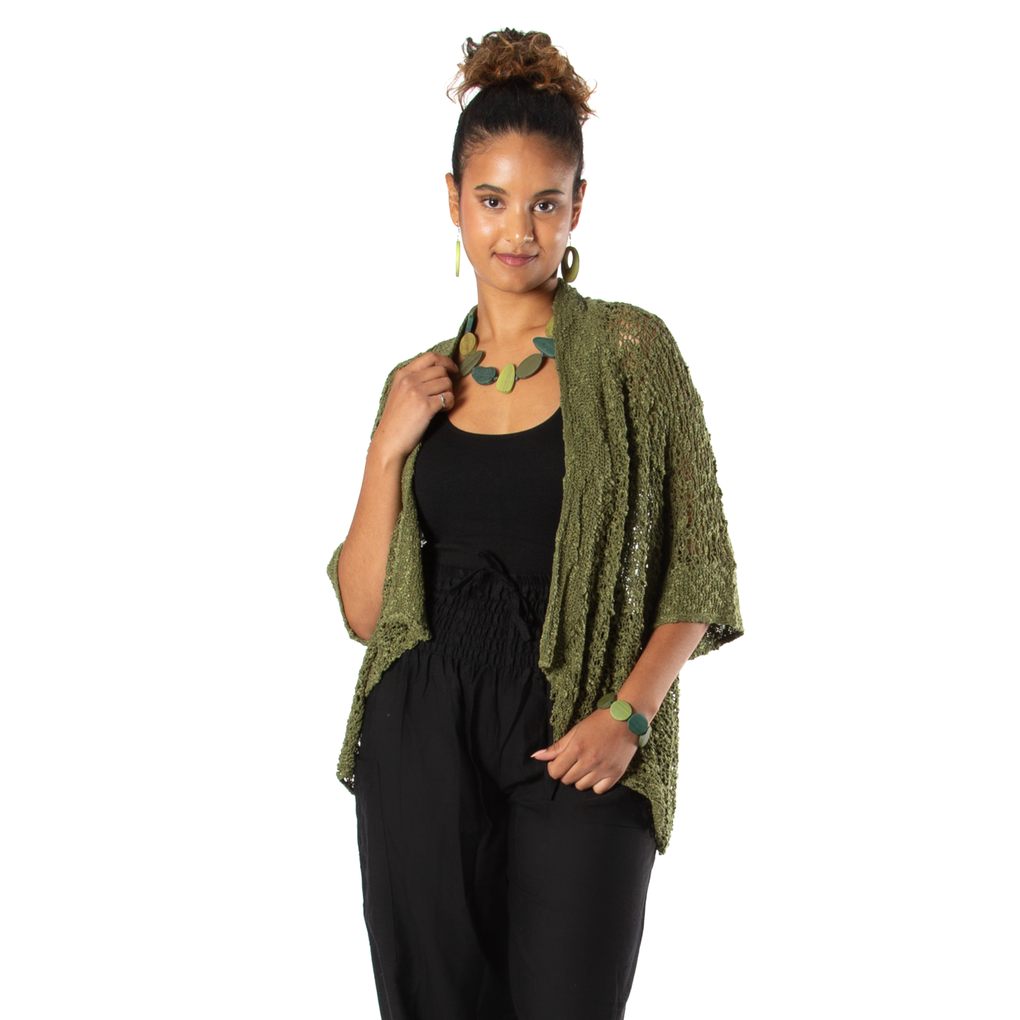 Suzie Blue Canada - Popcorn Knit Short Sleeve Cardigan -  Sage Green