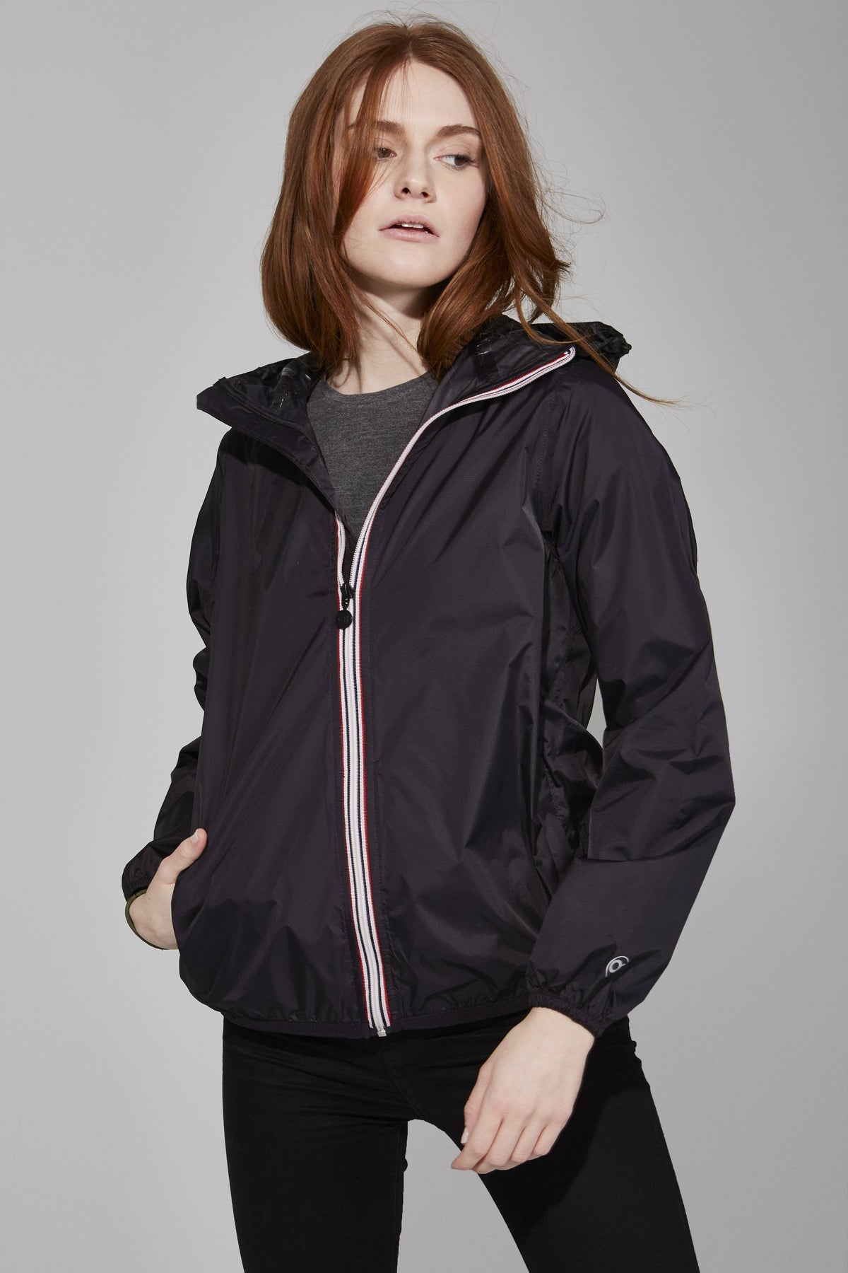 O8 Lifestyle - Women Boyfriend fit - Black Full Zip Packable Rain Jacket: Black / XXL
