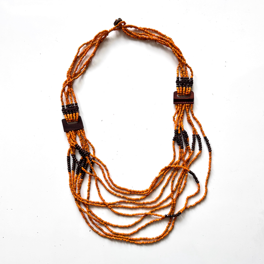 Suzie Blue Canada - Beaded Necklace with Wood Detail: Orange