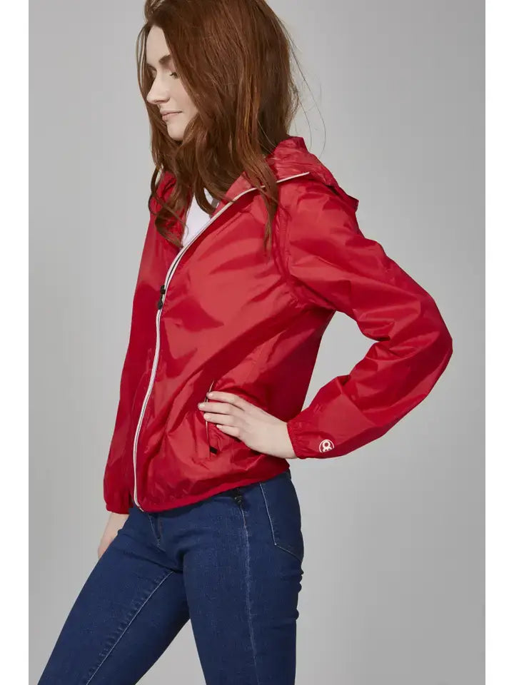 O8 Lifestyle - Sloane - Red Full Zip Packable Rain Jacket : S