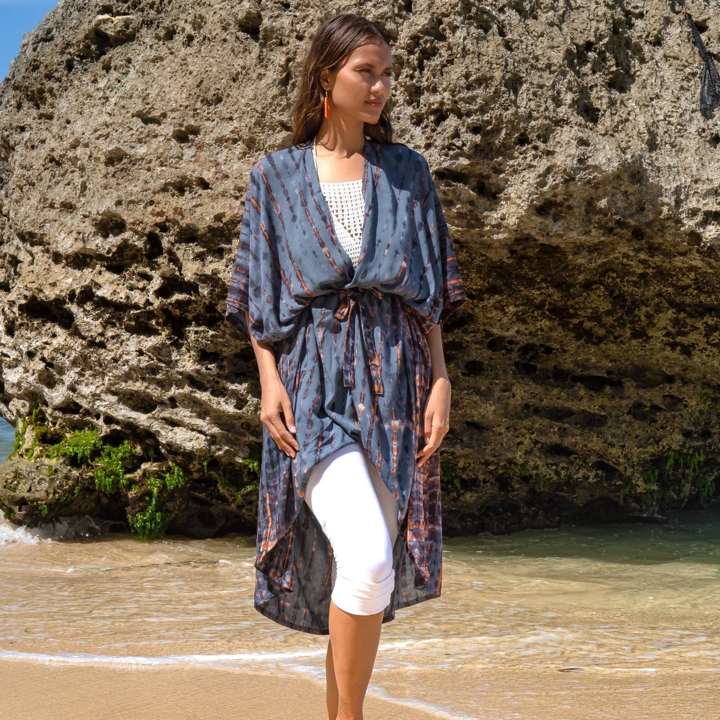 Suzie Blue Canada - Long Kimono In Denim & Gold Tie Dye