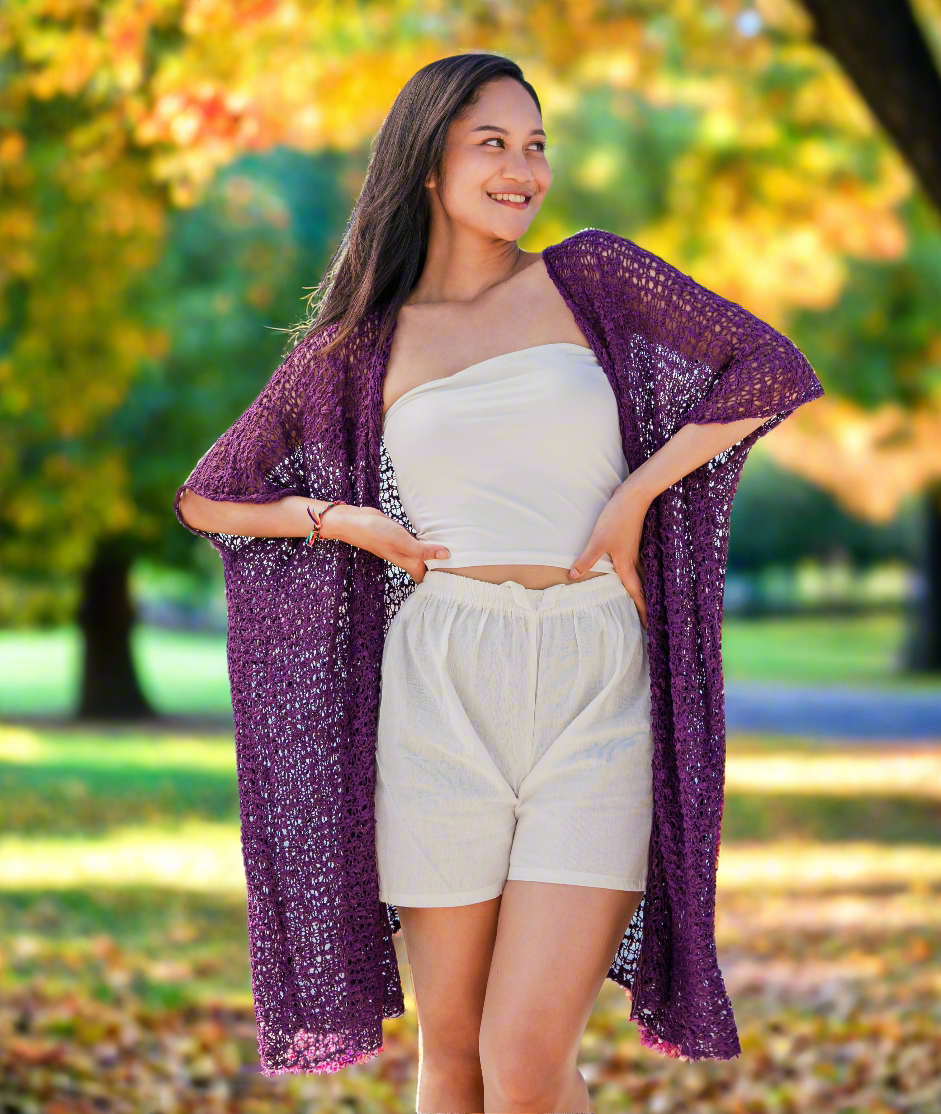 Suzie Blue Canada - Mid Length Popcorn Knit Kimono - Purple