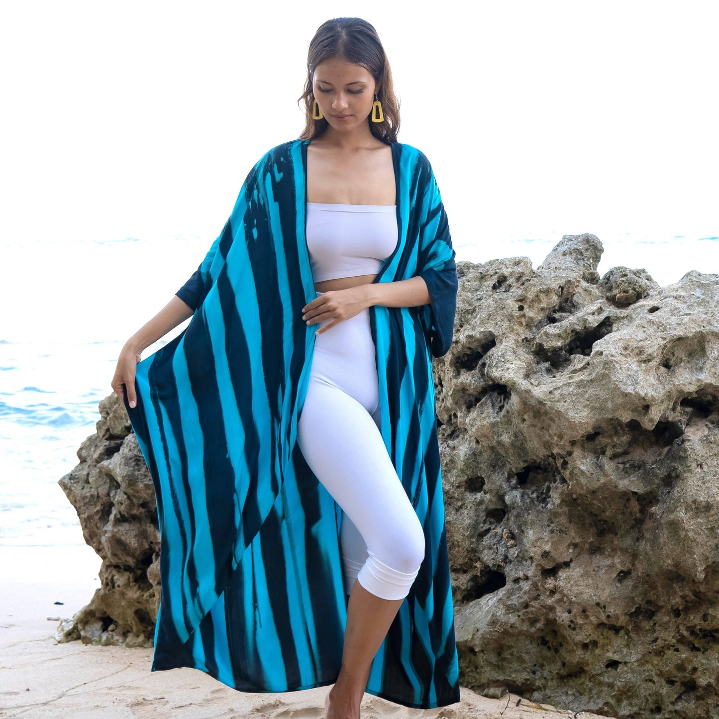 Suzie Blue Canada - Bold Abstract Tie Dye Long Kimono In Teal & Black