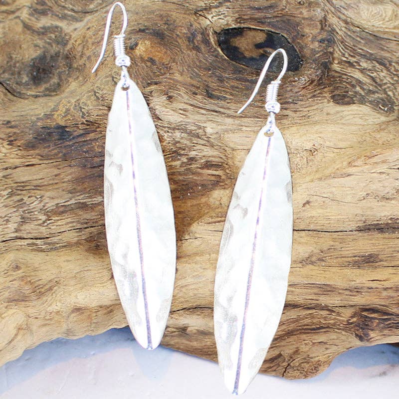 Suzie Blue Canada - Long Leaf Metal Earrings - Silver Colour