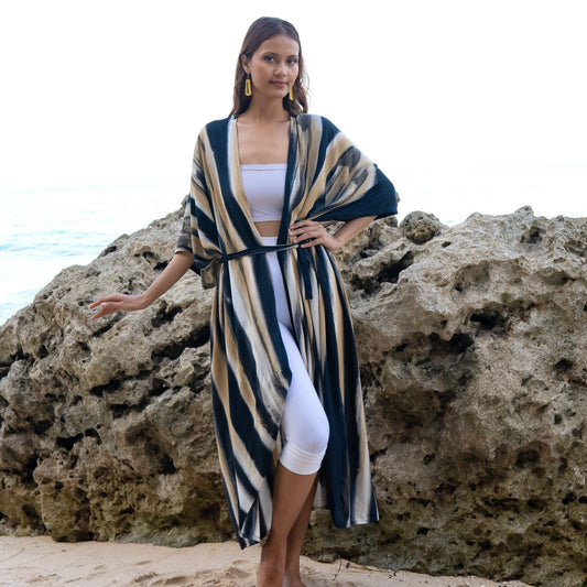 Suzie Blue Canada - Bold Abstract Tie Dye Long Kimono In Grey & Gold